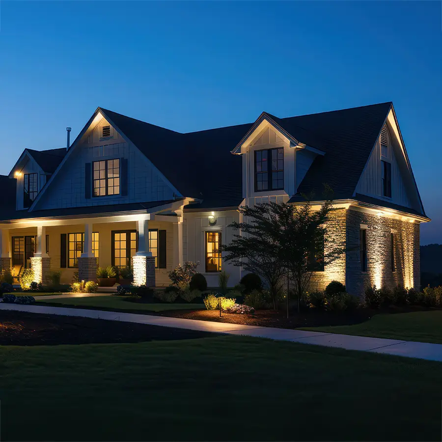 New build construction at night with landscaping lit up by custom outdoor lighting